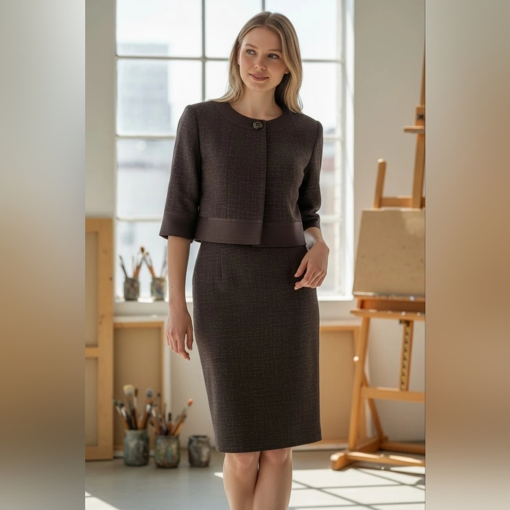 Antonio Melani Dark Brown Bolero Jacket & Sleeveless Dress satin trim Size10